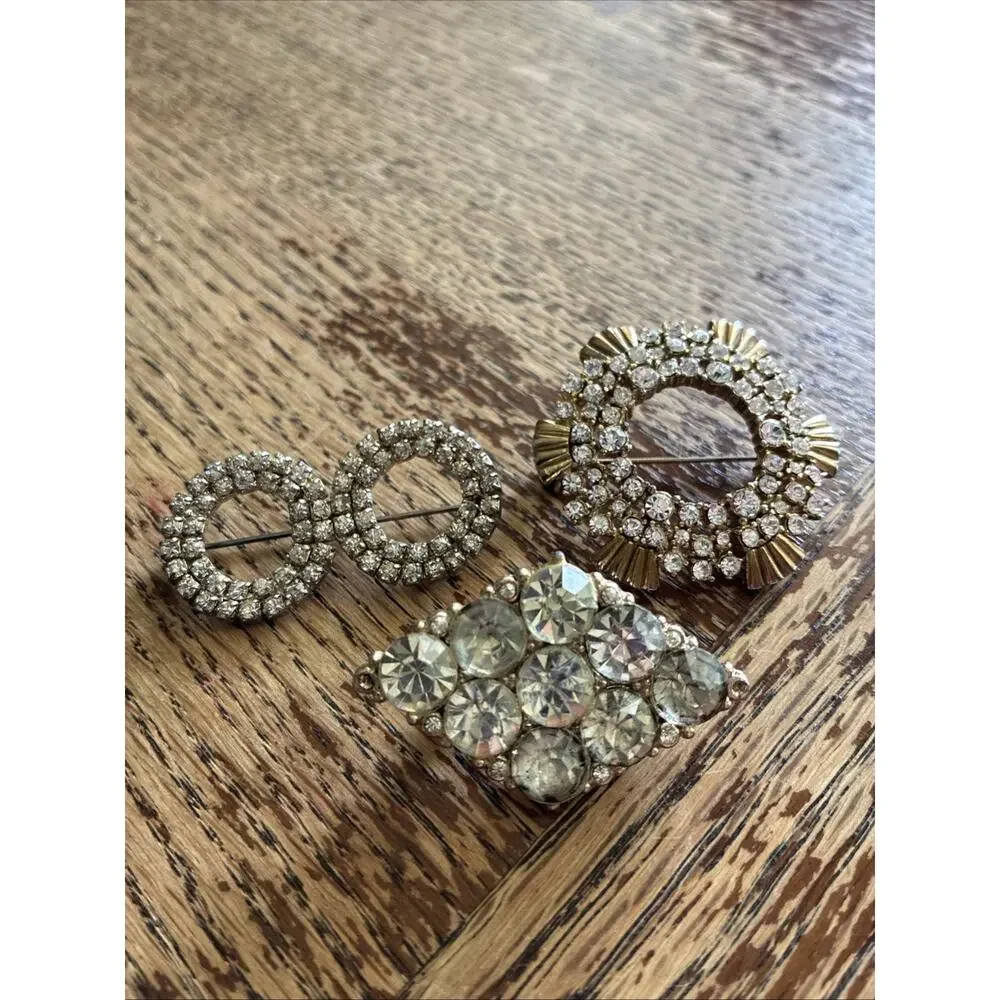 Lot Of 3 Vintage Brooch Pins Crystal Rhinestone Estate Jewelry